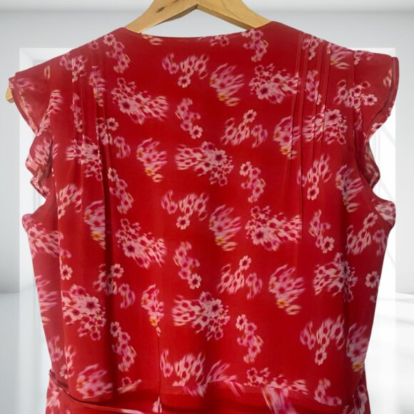 All Saints Dela Jasmine Red Floral True Wrap Midi Dress Ruffle US 8 - Picture 7 of 15